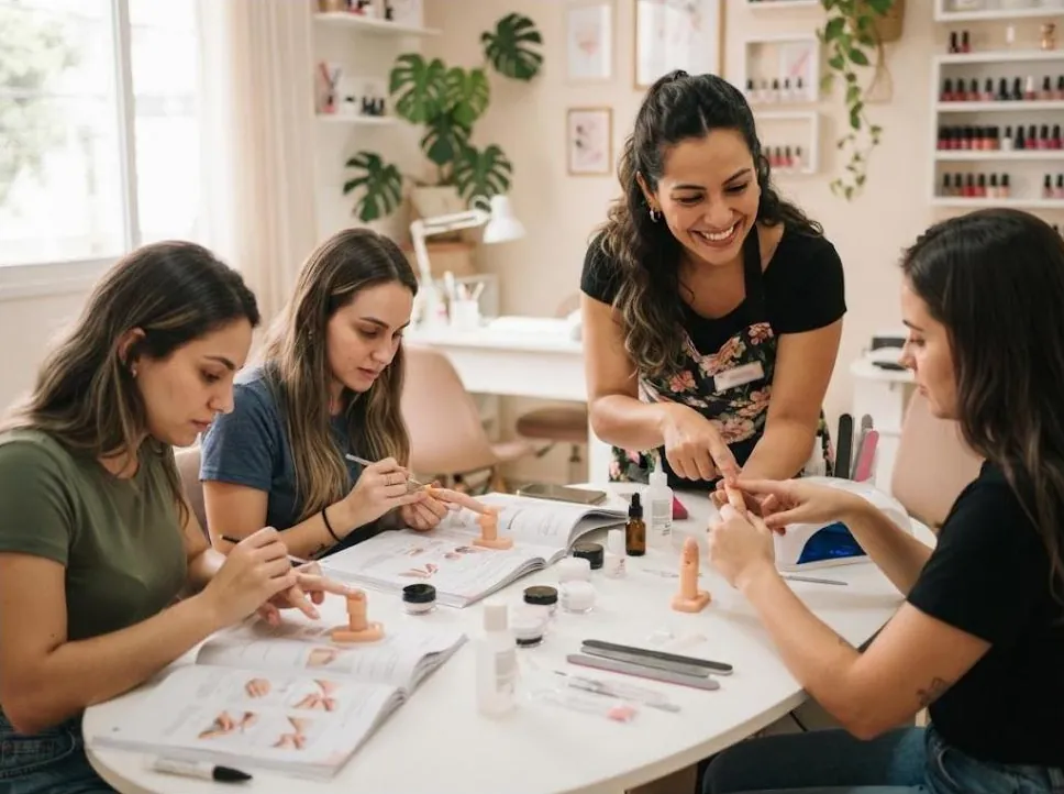 Instrutora ensinando três alunas no seu estúdio de unhas