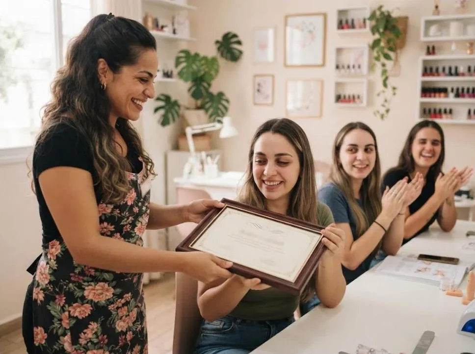 Instrutora entregando um certificado a uma aluna sorridente