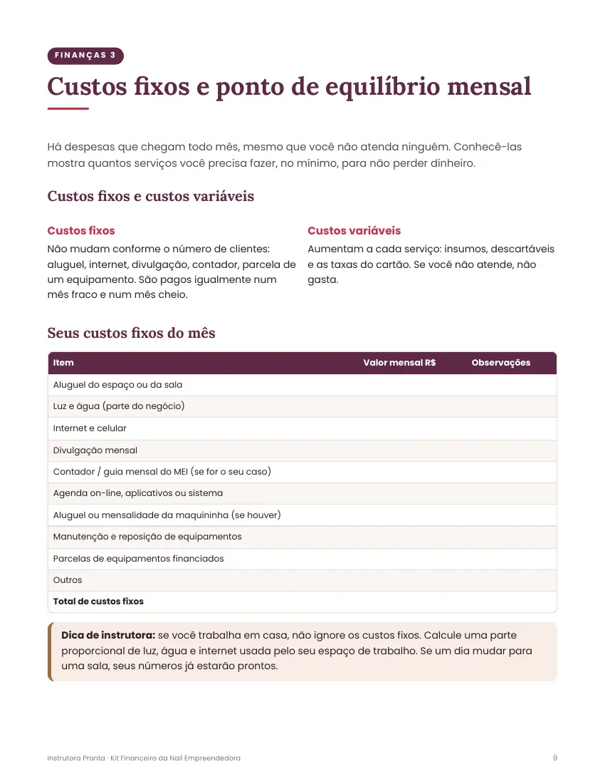 Kit financeiro: Custos fixos e ponto de equilíbrio